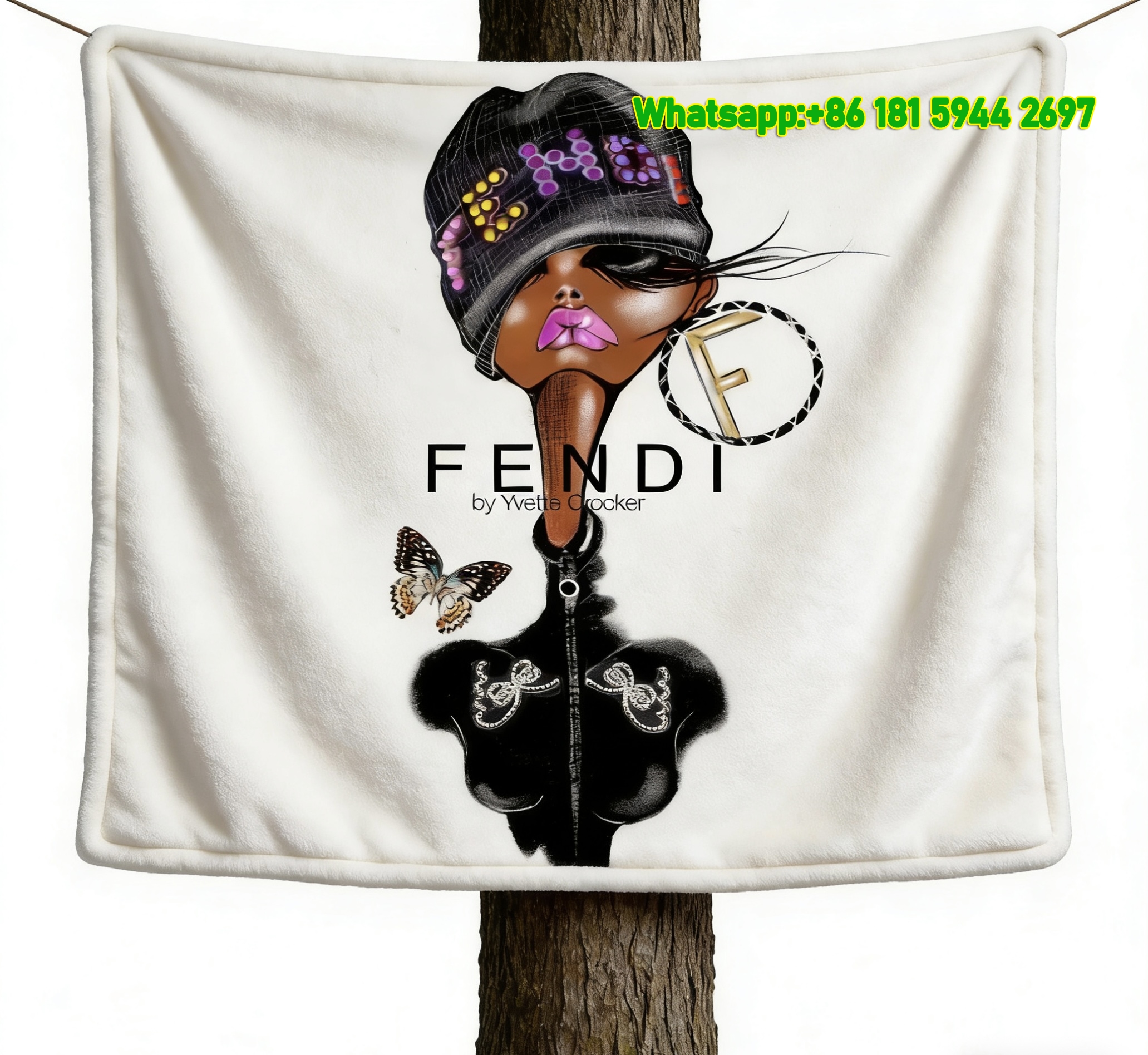Fendi Fashion Illustration Black Beanie & Butterfly Flannel Sofa Throw Blanket IMG_9393